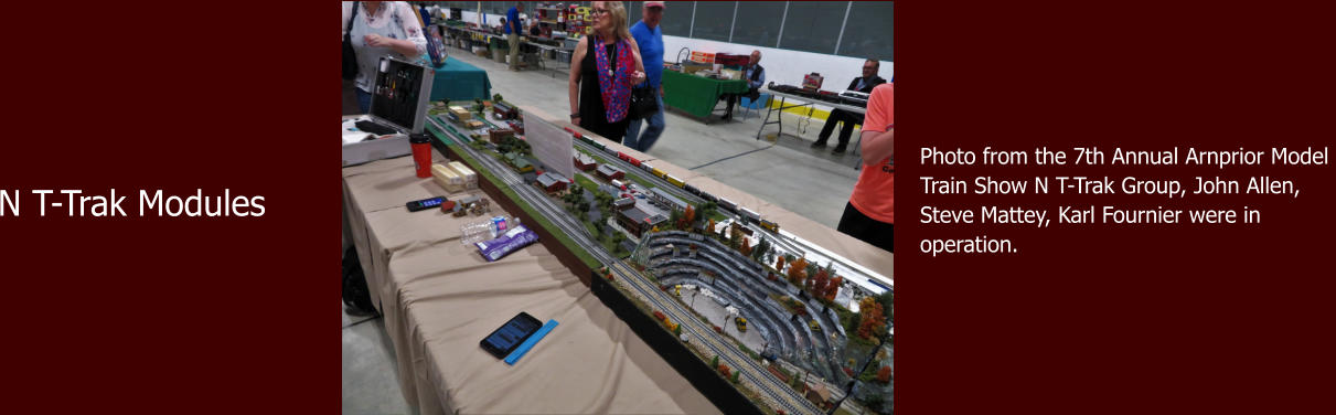 Photo from the 7th Annual Arnprior Model  Train Show N T-Trak Group, John Allen,  Steve Mattey, Karl Fournier were in  operation. N T-Trak Modules